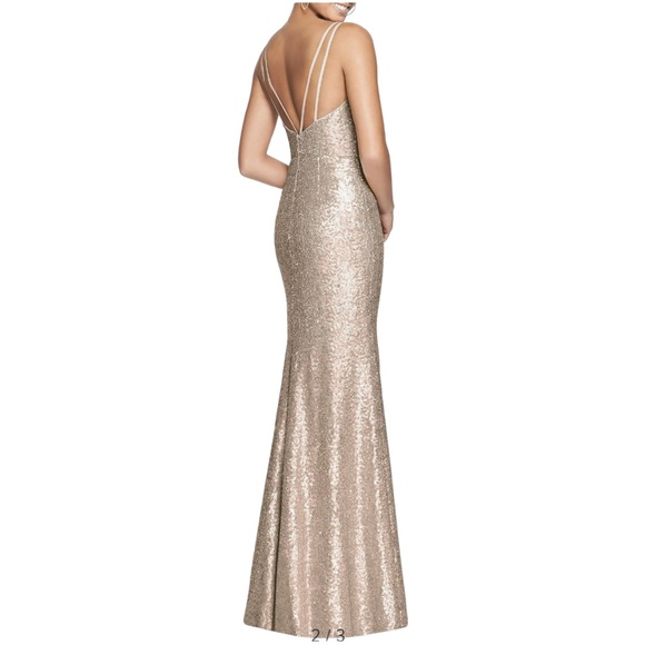 DESSY COLLECTION Bateau Neck Sequin Champagne Gown - Size 8 - Picture 2 of 7